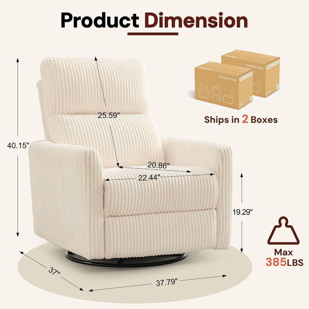 360° Swivel Glider Rocker Manual Recliner, High Back Reclining Chair with Curved Armrests, Beige Corduroy Upholstered
