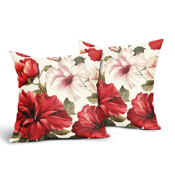 2PCs Hibiscus Flower Pillow Covers Tropical Red White Floral Decorative Throw Pillowcases 20x20inch Spring Summer