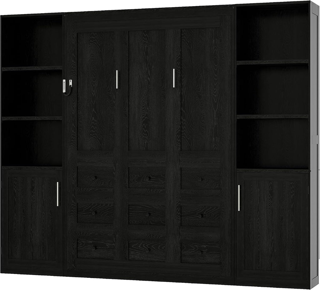 Queen Farmhouse Murphy Bed with Storage Bookcase Shelves and Cabinets, Solid Wood Foldable Hidden Vertical Murphy