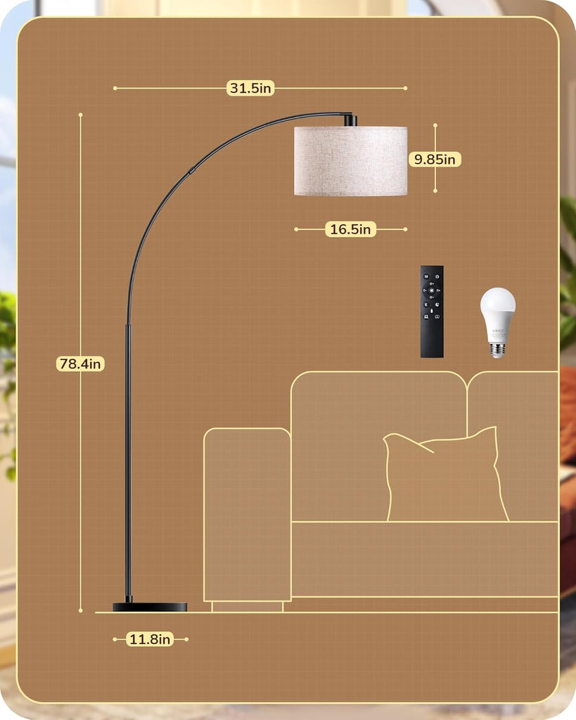 78.3″ Modern Arc Floor Lamp with Remote, Tall Black Standing Lamp with Stepless Dimmable Bulb & 5 Color Temperature