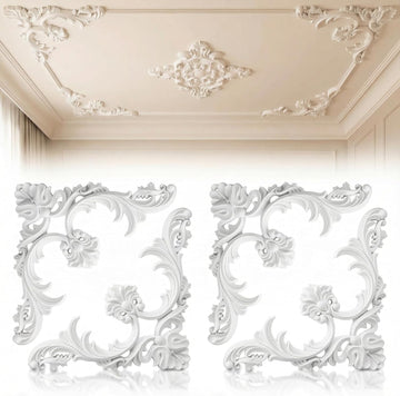4-Pack PU Ceiling Molding Kit, 14x14 Inch French Style Corners, Decorative Wall Panels with Flowers 