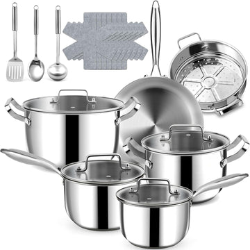 Stainless Steel Cookware Set - 20 PCS Pots and Pans Set with 3-Ply Stainless Steel Frying Pan, Professional Kitchen