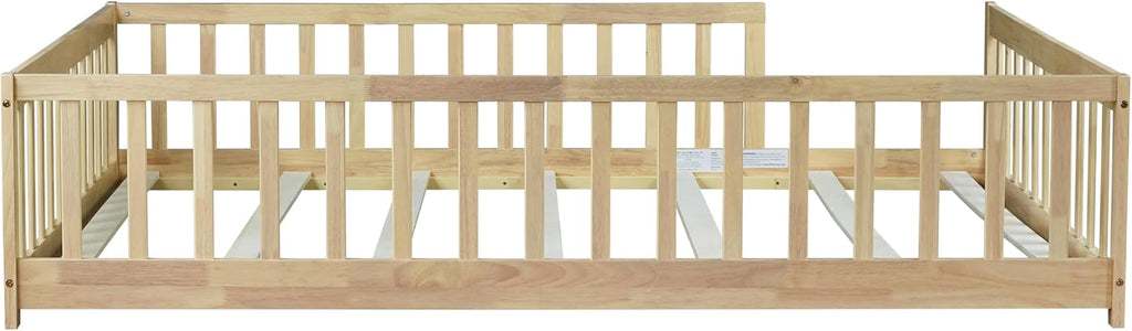 Full Size Montessori Bed Frame with Fence,Solid Wood Floor Bed with Slats for Kids,Boys,Girls,No Box Spring