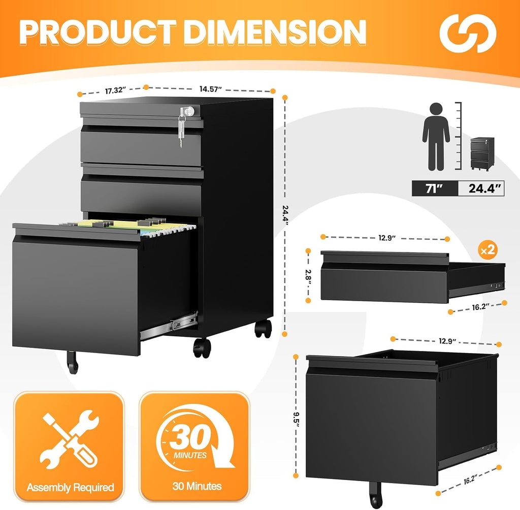 3 Drawer Mobile File Cabinet with Lock, Rolling Filing Cabinets , Under Desk Small File Cabinet Three Drawers for
