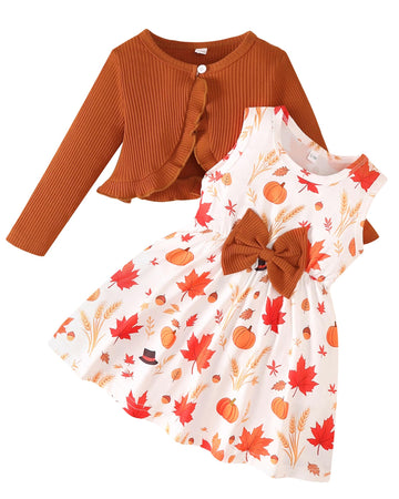 Toddler Baby Girls Dress and Cotton Cardigan Set Maple Orange