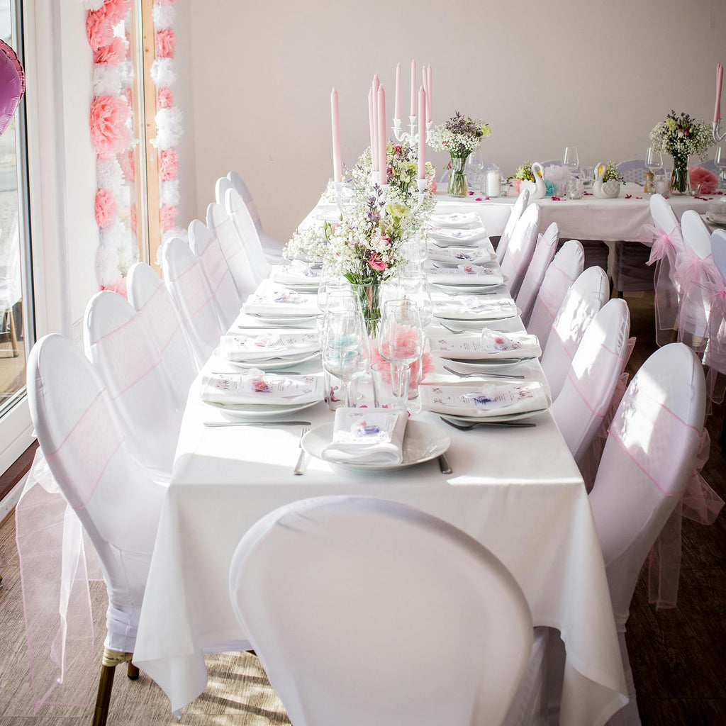 70x120 Table Cloth - 6 Pack Rectangular White Washable Stain and Wrinkle Resistant Polyester Table Cover for Dining