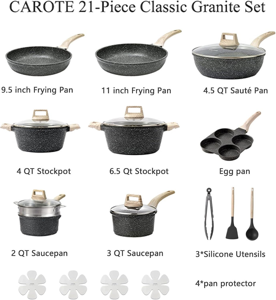 21pcs Nonstick Pots and Pans Set, Cookware Sets, with Egg Pan | Induction Kitchen Cooking Set, Easy Clean, Even