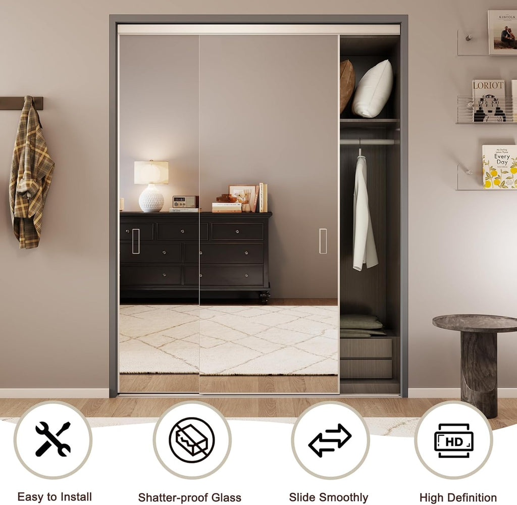 Mirror Closet Doors, 60''x80'' One Side Sliding Closet Door with Hardware Kit, Interior Steel Frame 
