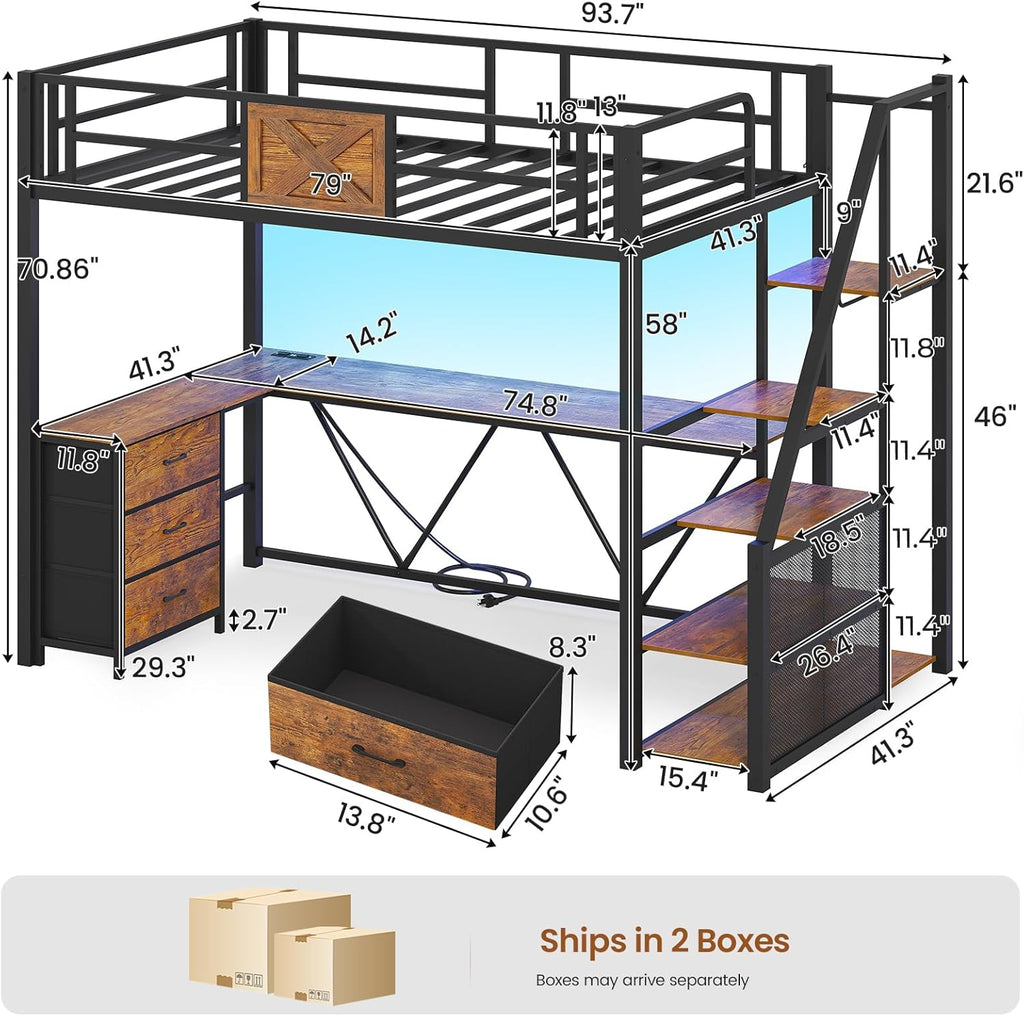 Stairway Twin Loft Bed with L Shaped Desk and Wardrobe, Metal Loft Bed Frame with Storage Stairs, 3 Fabric Drawers