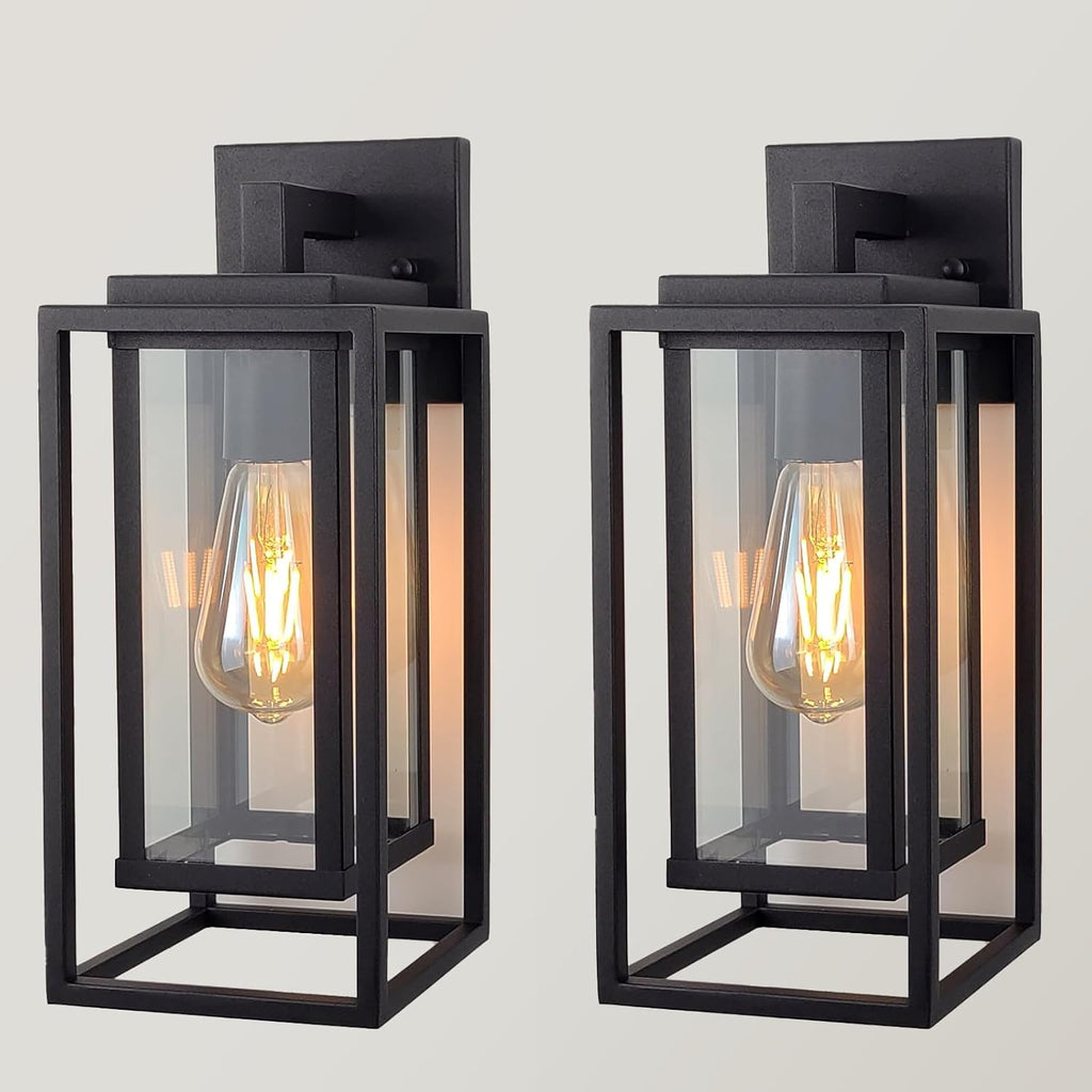 14" Outdoor Wall Light Fixtures Waterproofed Exterior Lantern W/Sturdy Rectangular Double Cage In Satin Black&Clear