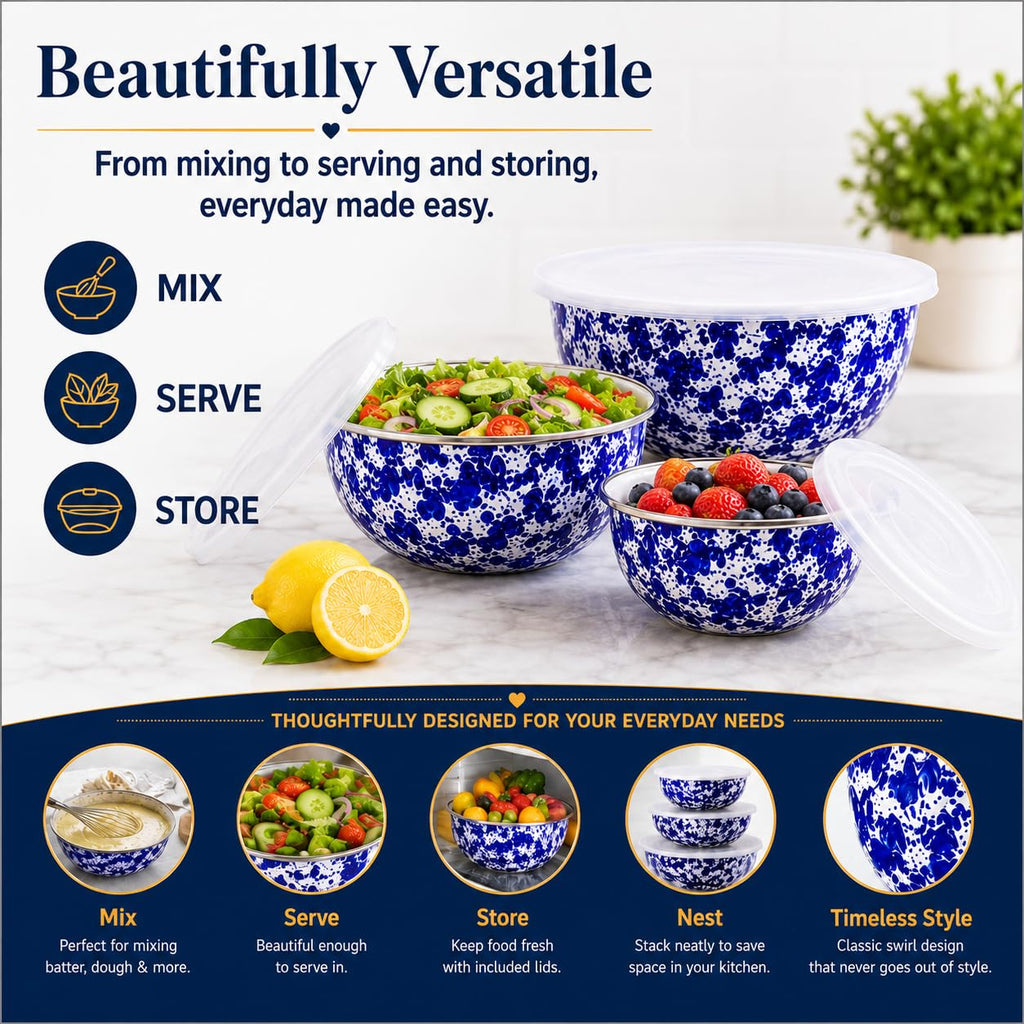 Nested Mixing Bowls with Lids, Set of 3, Cobalt Swirl