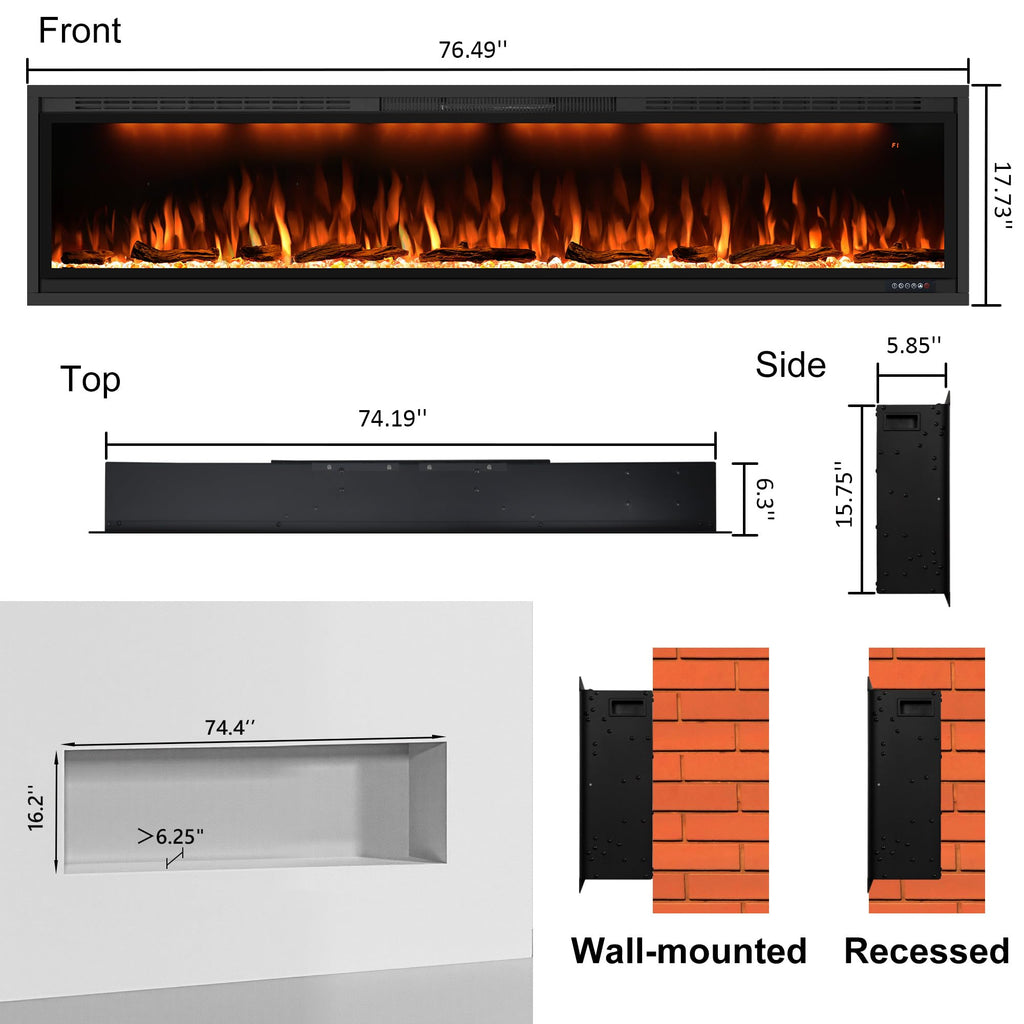 74" WiFi-Enabled Electric Fireplace Insert, APP Smart Control, Wall Mounted&Recessed Linear Fireplace Heater with