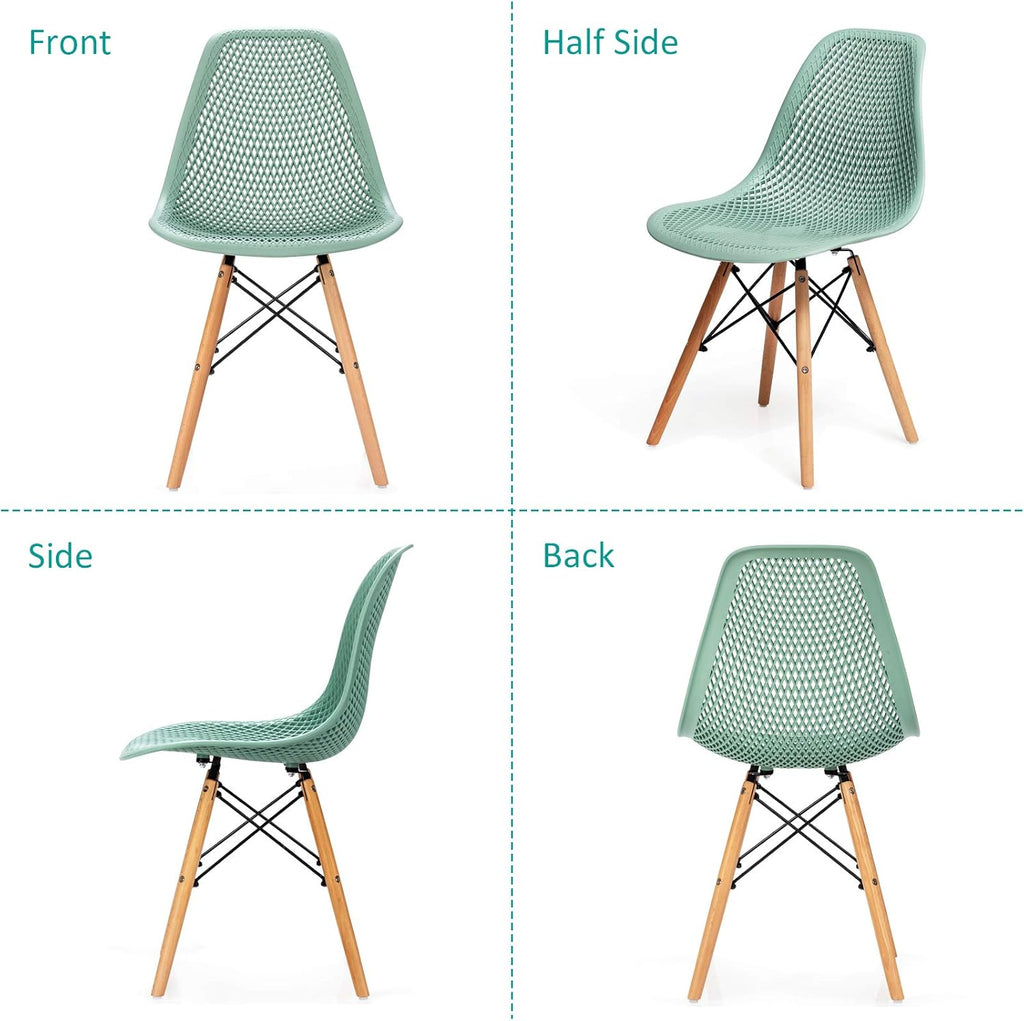 Set of 2 Modern Dining Chairs, Outdoor Indoor Shell PP Lounge Side Chairs with Mesh Design, Beech Wood Legs