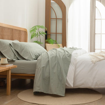 100% Washed Cotton Linen Feel Sheet Set, Solid Sage Green Queen