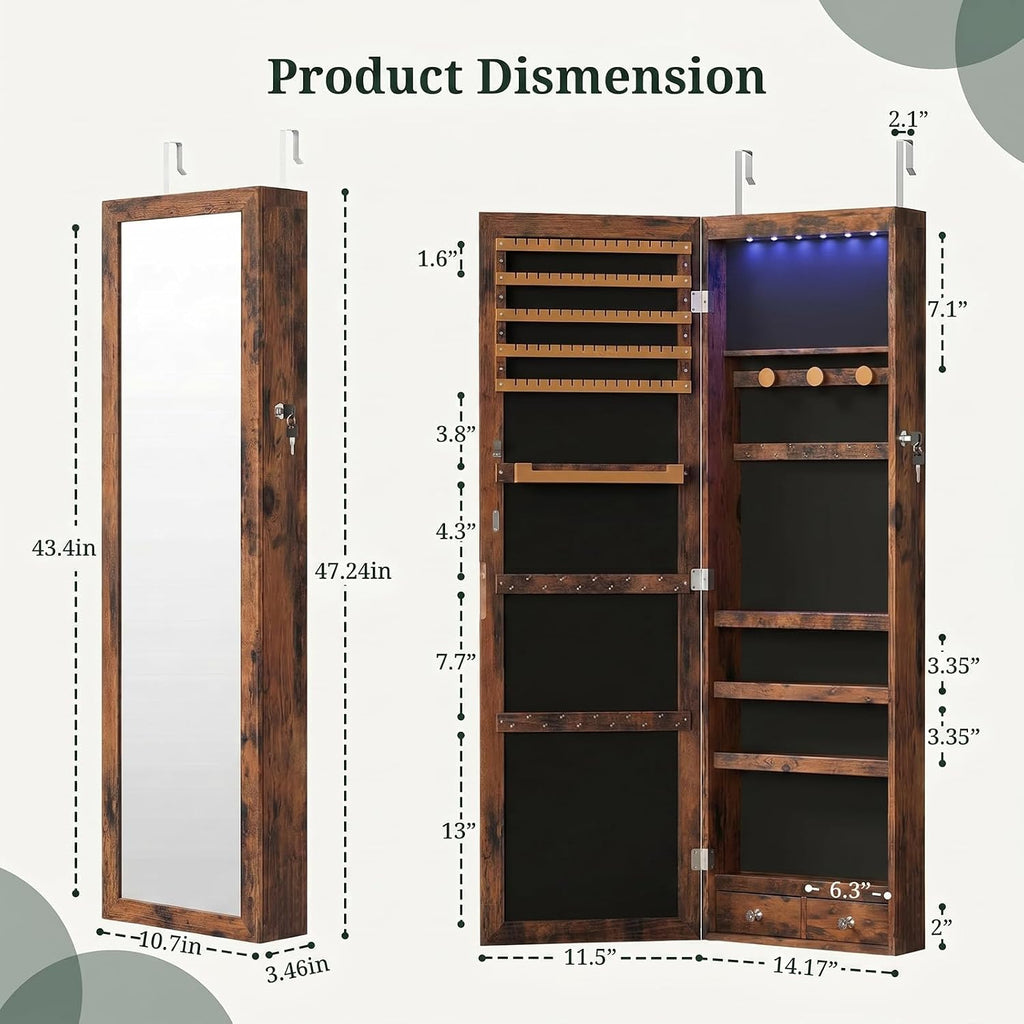 Jewelry Armoire, 47.2" Tall Lockable Jewelry Organizers and Storage Cabinet with Full-Length Mirror, 6 LEDs