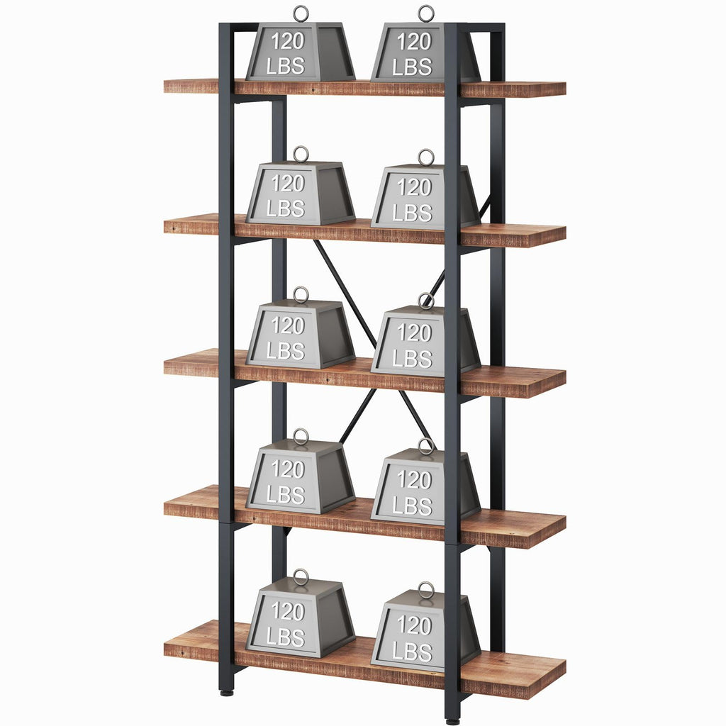 5 Tier Industrial Solid Wood Bookshelf, Distressed Brown