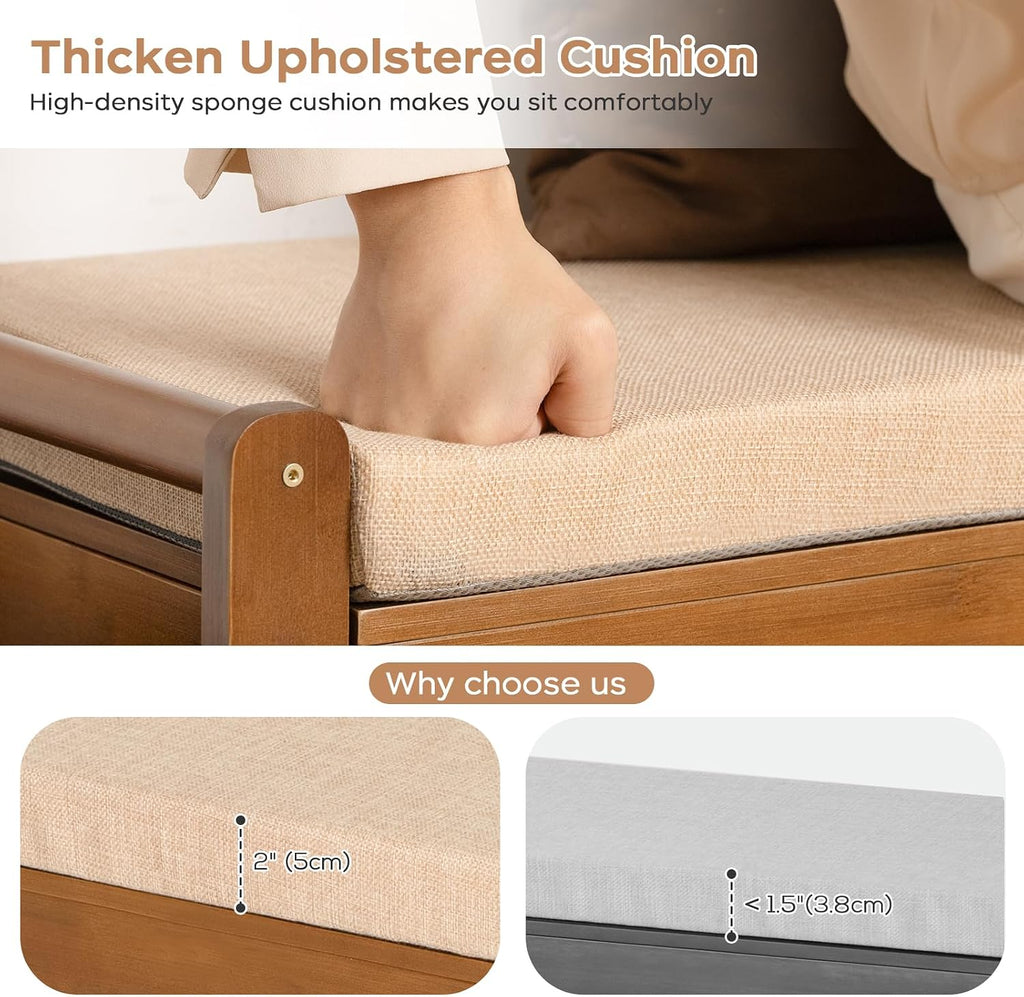 47.2in Shoe Bench Entryway - Bamboo Shoe Rack Bench with Storage, Shoe Rack Organizer with Cushion, 2 Side Holder