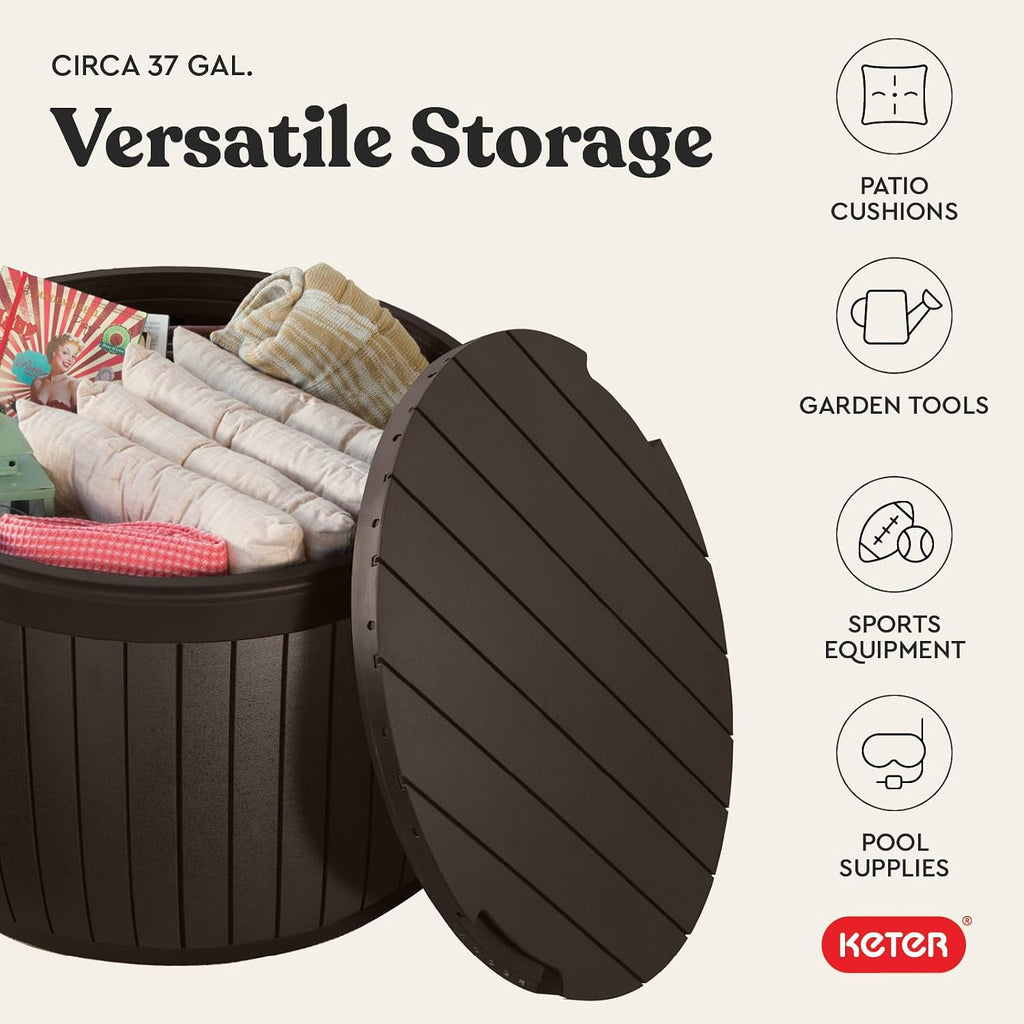 Circa 37 Gallon Deck Box Organizer, Works as Ottoman Chair or Side Table, Brown - Large Resin Round Outdoor Storage