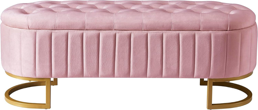 Elegant Upholstered Velvet Storage Ottoman with Button-Tufted, Storage Bench with Metal Legs , Fully Assembled Except