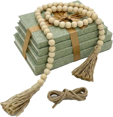 Decorative Books Decor-Set of 4 Real Linen Decorative Books, Stacked Books with Wood Bead Garland, Jute Twine & Satin