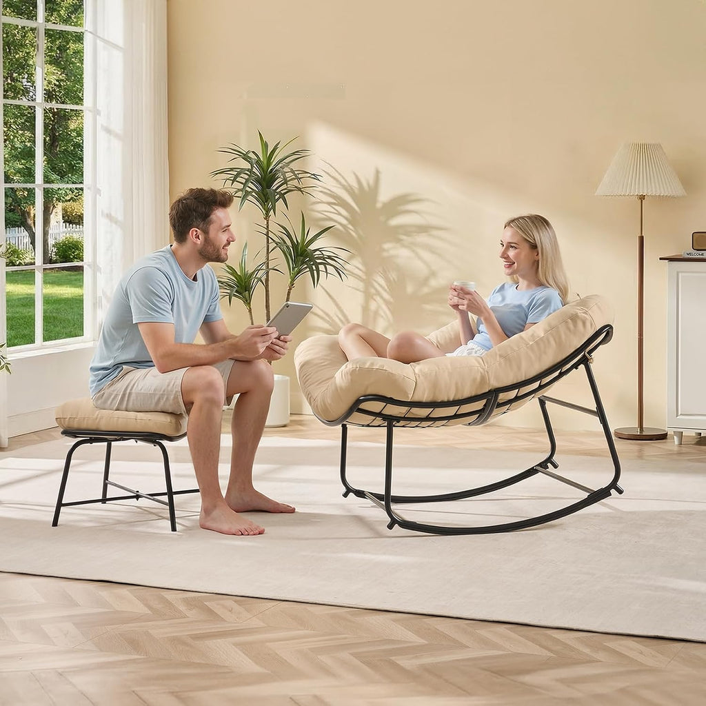Outdoor Rocking Chairs with Ottoman, Papasan Rocking Chair, Beige | Oversized Lounge Rocker with Padded Cushions