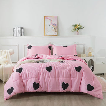 Pink Comforter Set Queen Black Heart Set 3pcs with Pillowsham - Set of 3