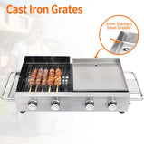 4-Burner Propane Gas Grill and Flat Top Griddle Combo, Stainless Steel Griddle with Cast Iron Grates, Side Shelf and Grease Management for Outdoor BBQ