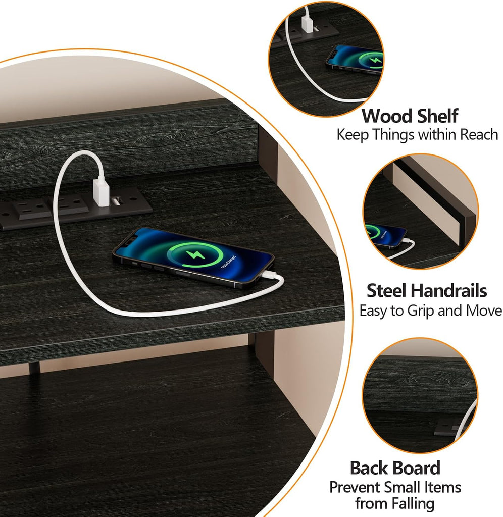 Night Stand with Charging Station, Black Nightstand with Drawers and Led Light, Tall Dresser , Bedside Table with