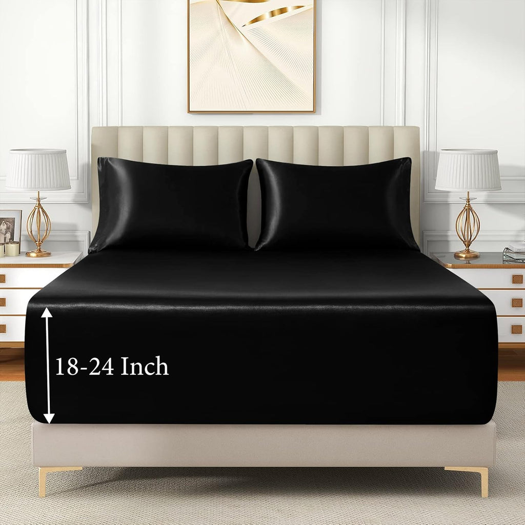 3pcs Extra Deep Pocket Satin Fitted Sheet Set Bed Set, Black Bottom Sheet Fit 18-24 Inch Deep Pocket Mattress