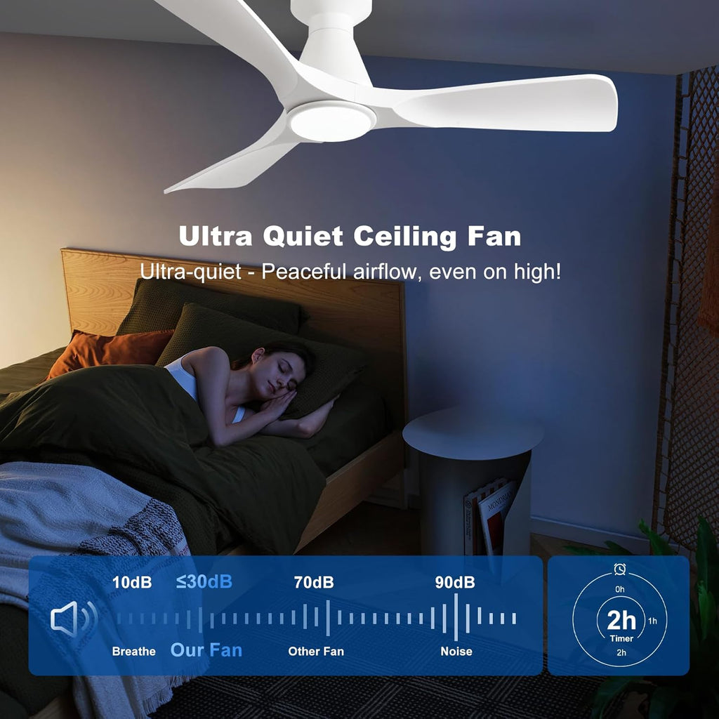 42-Inch Flush Mount Low Profile Ceiling Fan with Dimmable LED Light and Remote - White, 3 Blade, Ultra Quiet DC Motor