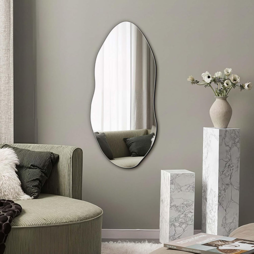 Irregular Wall Mirror,32"x14" Slim Vertical Wavy Design,Frameless Decorative Mirror ,Modern Boho Wall-Mounted
