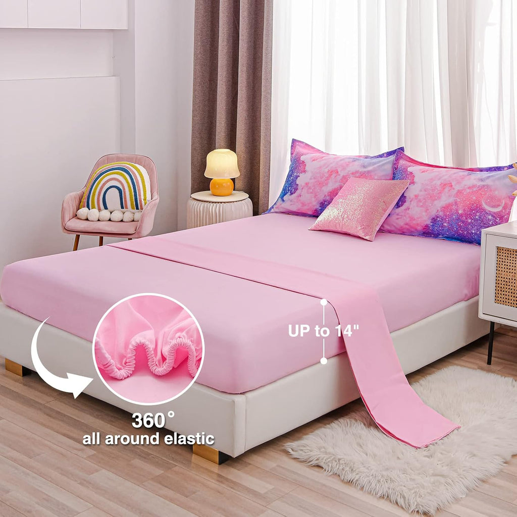 6Pc 3D Glitter Pink Bedding Galaxy Full Kids Comforter Sets