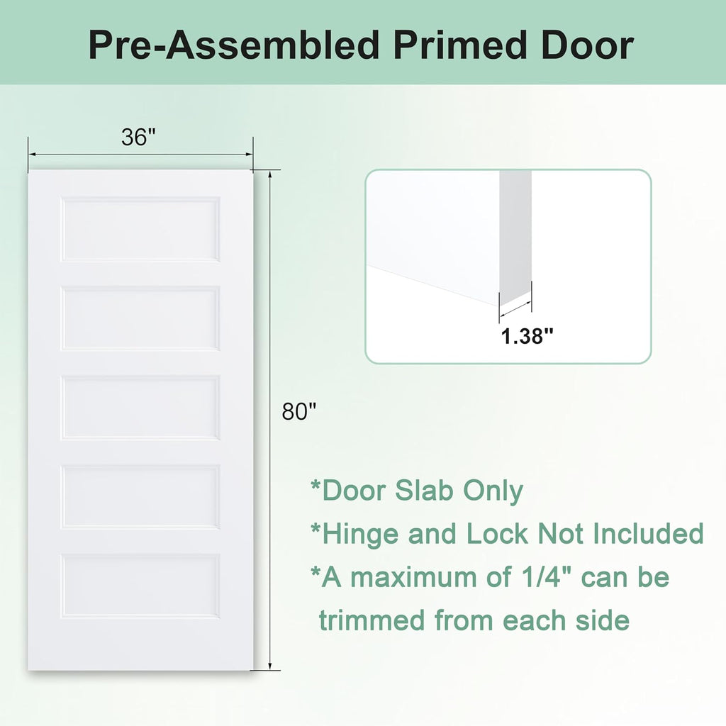 36"x80" 5-Panel Shaker Style White Primed Hollow Core Interior Molded Door Slab, NOT Pre-drilled and NOT Included Hardware, Pre-Assembled Interior Door for Pantry, Laundry, Closet