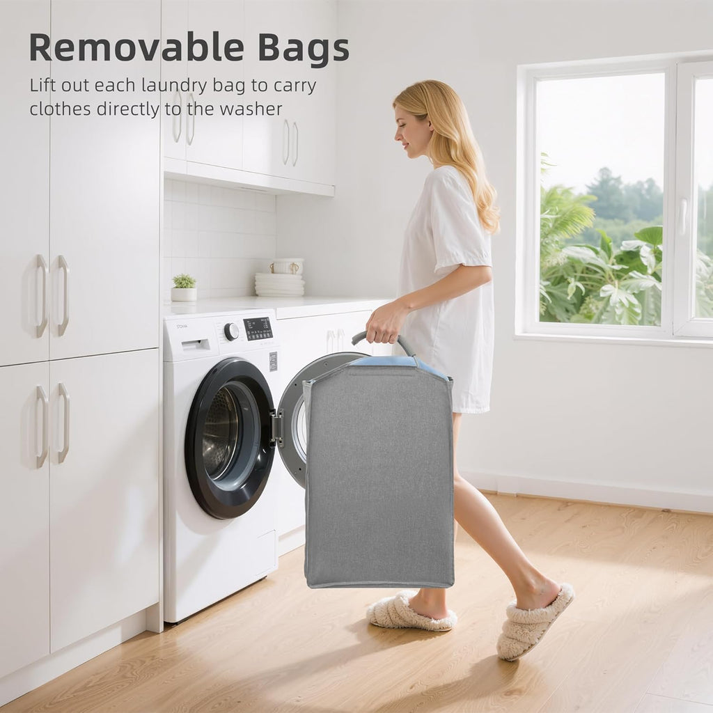 2 Tier Vertical Laundry Hamper, 2 Section Laundry Sorter with 2 Removable Tote Bags, Rolling Clothes Basket for