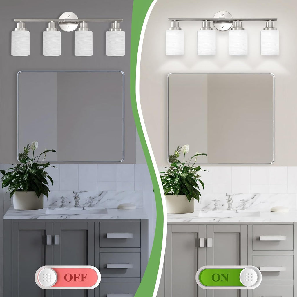 4-Light Brushed Nickel Vanity Lights for Mirror, Bathroom Light Fixtures with Textured Milky White Glass Shade