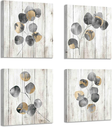 Leaf Artwork Botanical Canvas Print: Gray Leaves Painting Wall Art (4 PCS, Multi-Sized)