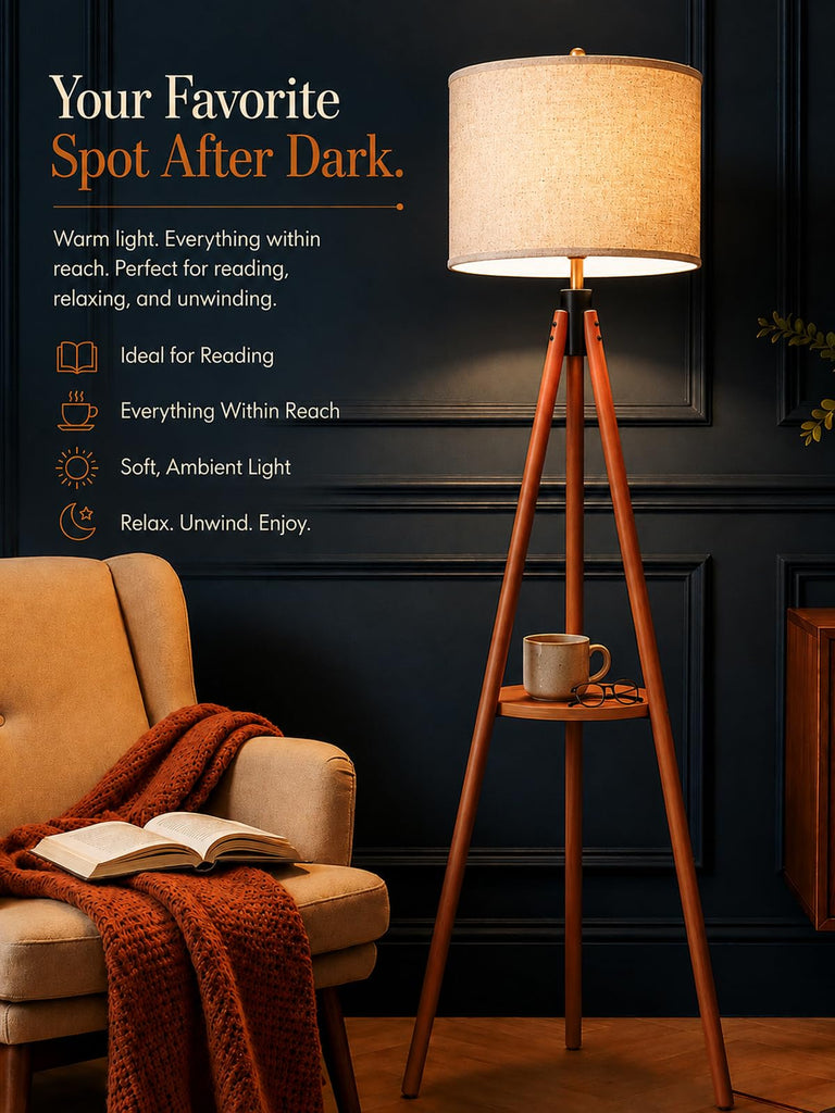 Mid Century Solid Wood Tripod Floor Lamp with Tary & Remote Control