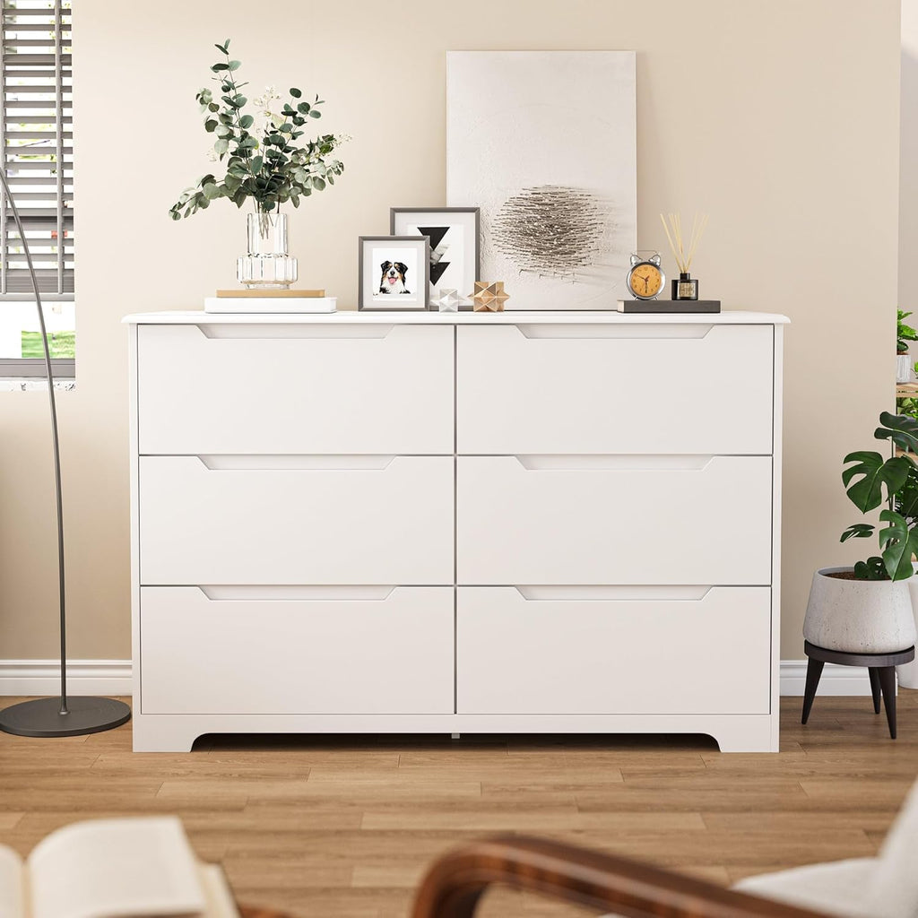 6 Drawer Double Dresser with Anti-Tip Design, White | Modern Wide Wooden Chest of Drawers with Cut-Out Handles