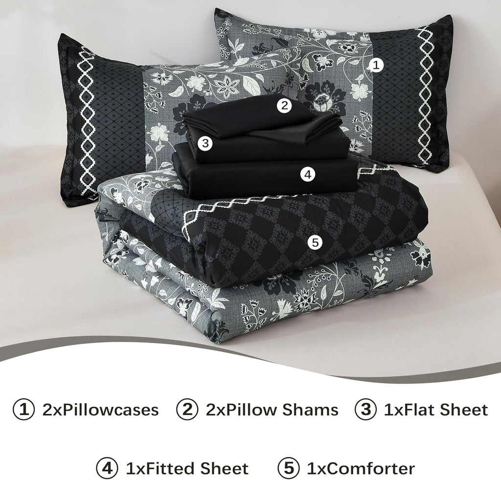Black Comforter Set Queen, 7 Pieces Bed in a Bag Floral Geometric Patchwork Soft Microfiber Comforter Bedding Set with Comforter, Flat Sheet, Fitted Sheet, Pillow Shams,Pillowcases