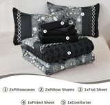 Black Comforter Set Queen, 7 Pieces Bed in a Bag Floral Geometric Patchwork Soft Microfiber Comforter Bedding Set with