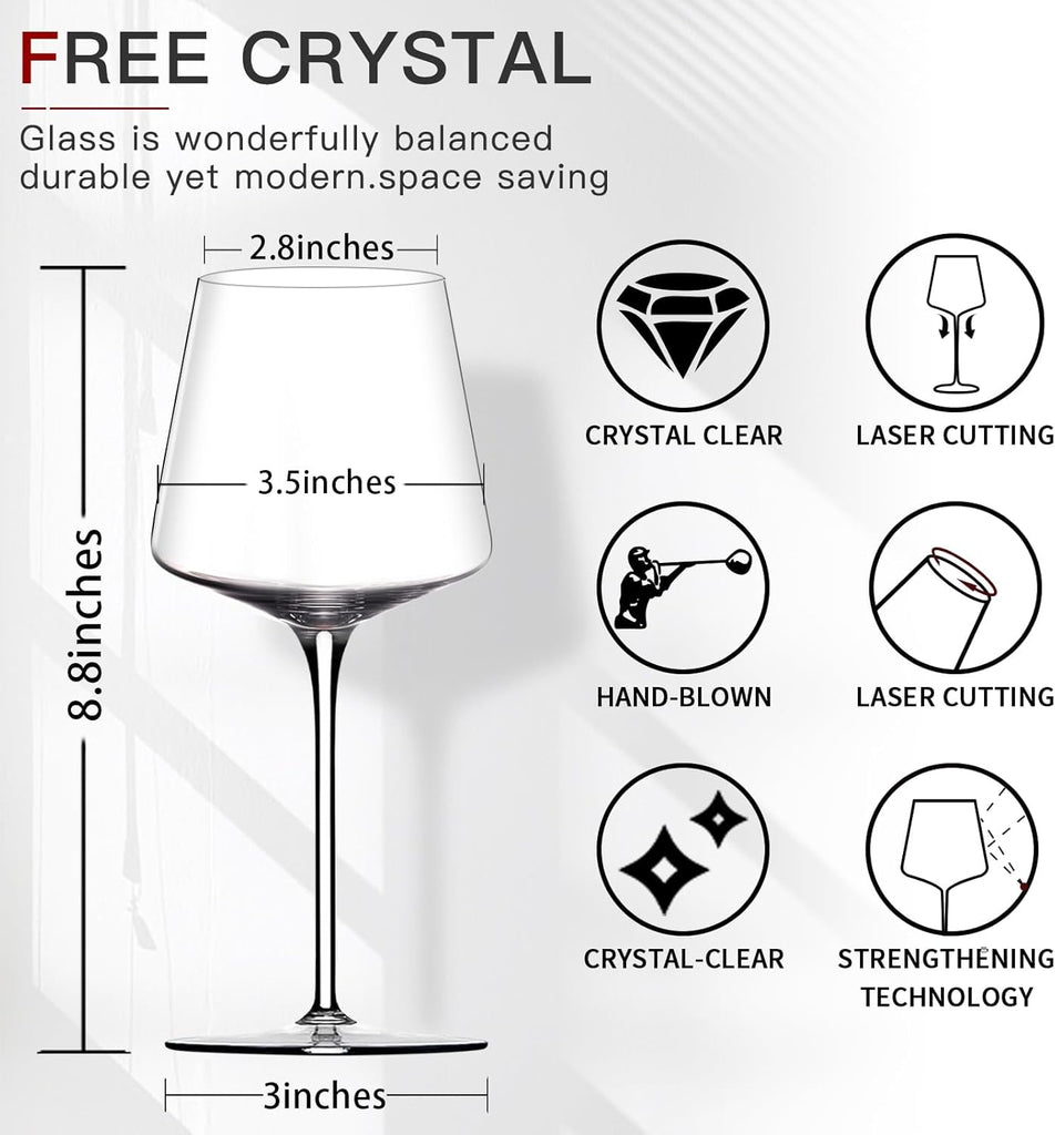 White Red Wine Glasses Set of 6 - 18oz Clear【Hand Blown】 Crystal Wine Glass - Tall Long Stem Modern Wine Glasses