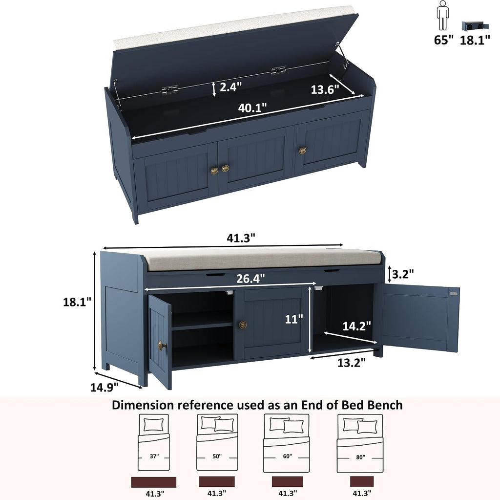 41.3" Shoe Bench with Lift Top Storage, Entryway Bench with Cushioned Seat, Wooden End of Bed Bench, Shoe Cabinet