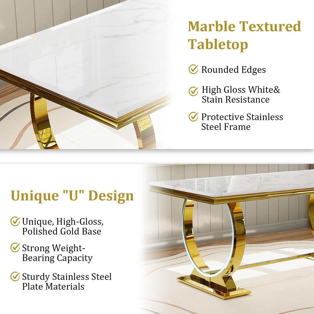 White and Gold Dining Table, Faux Marble Top, Metal Frame and U-Base