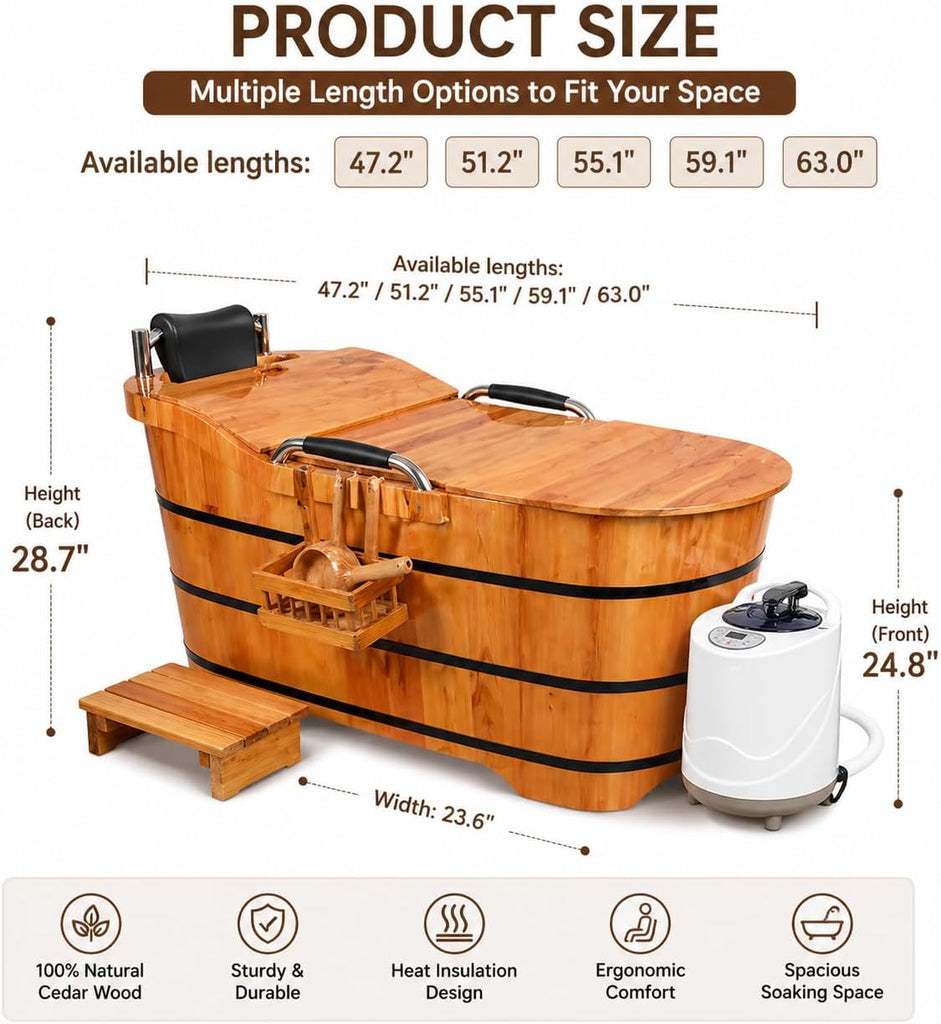 Cedar Wood Soaking Tub for Adults, Freestanding Wooden Bathtub with Lid & Steamer, Deep Japanese Style Bath Tub with
