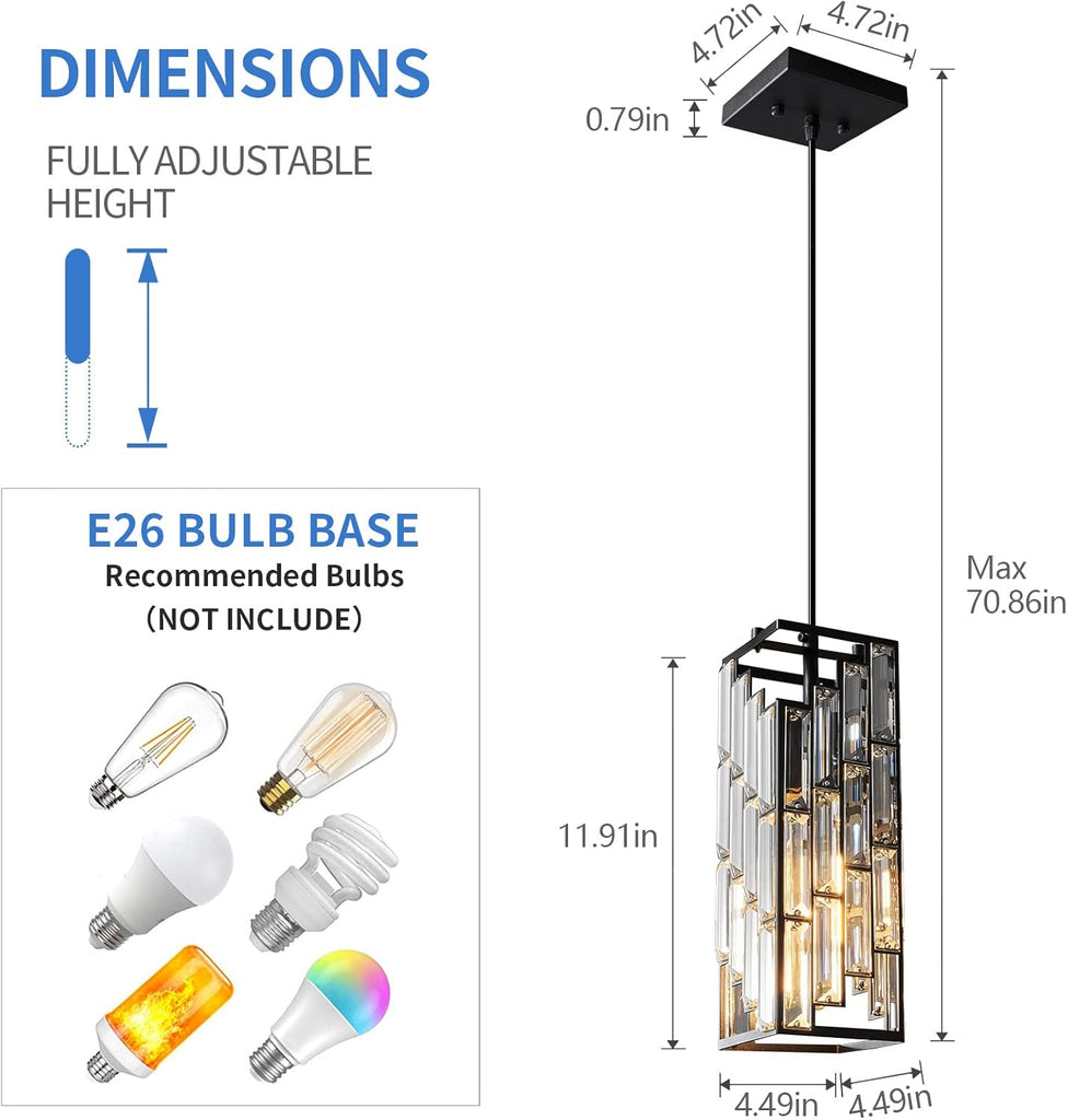 Black Pendant Lighting Modern Pendant Light, Mini Crystal Chandeliers,Adjustable Pendant Light Fixture for Kitchen