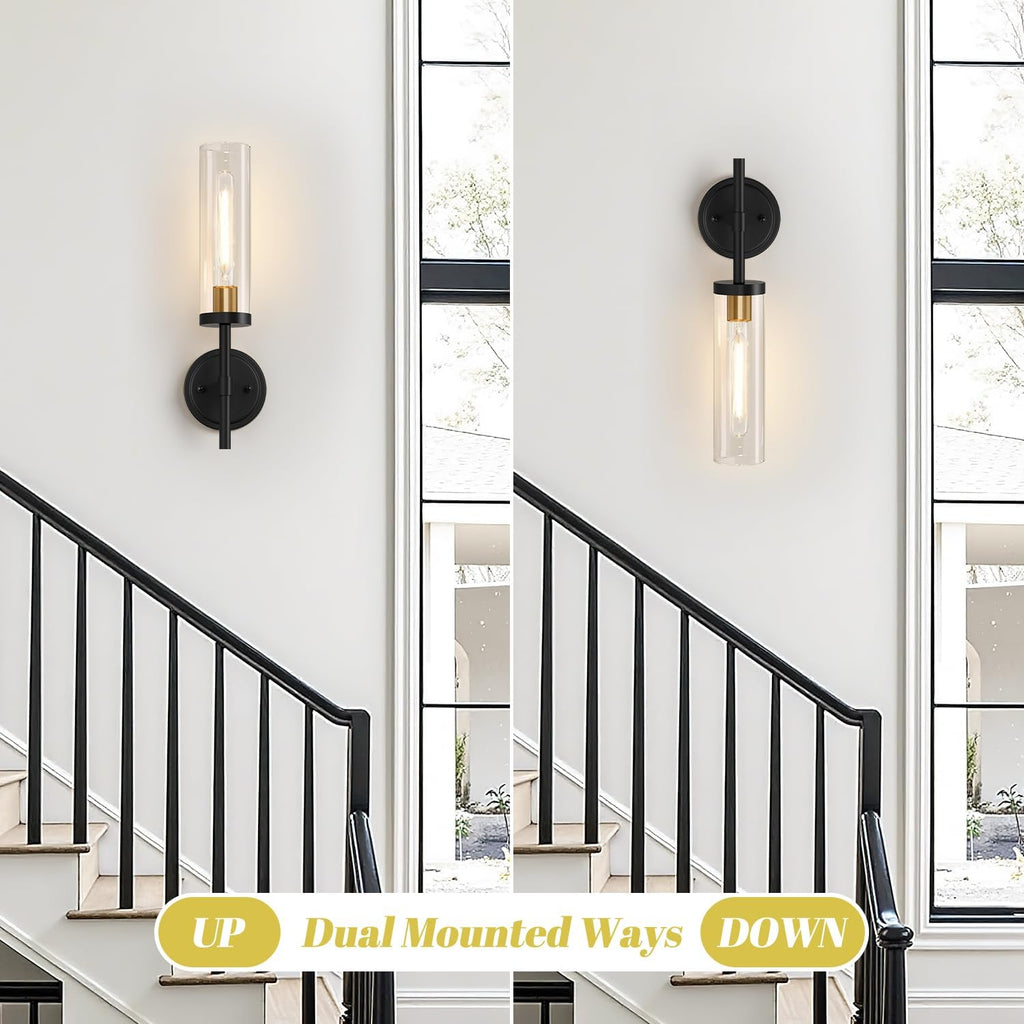 Hardwired Wall Sconces Set of Two, Black and Gold Bathroom Sconces with Clear Glass, Modern Wall Light Fixtures