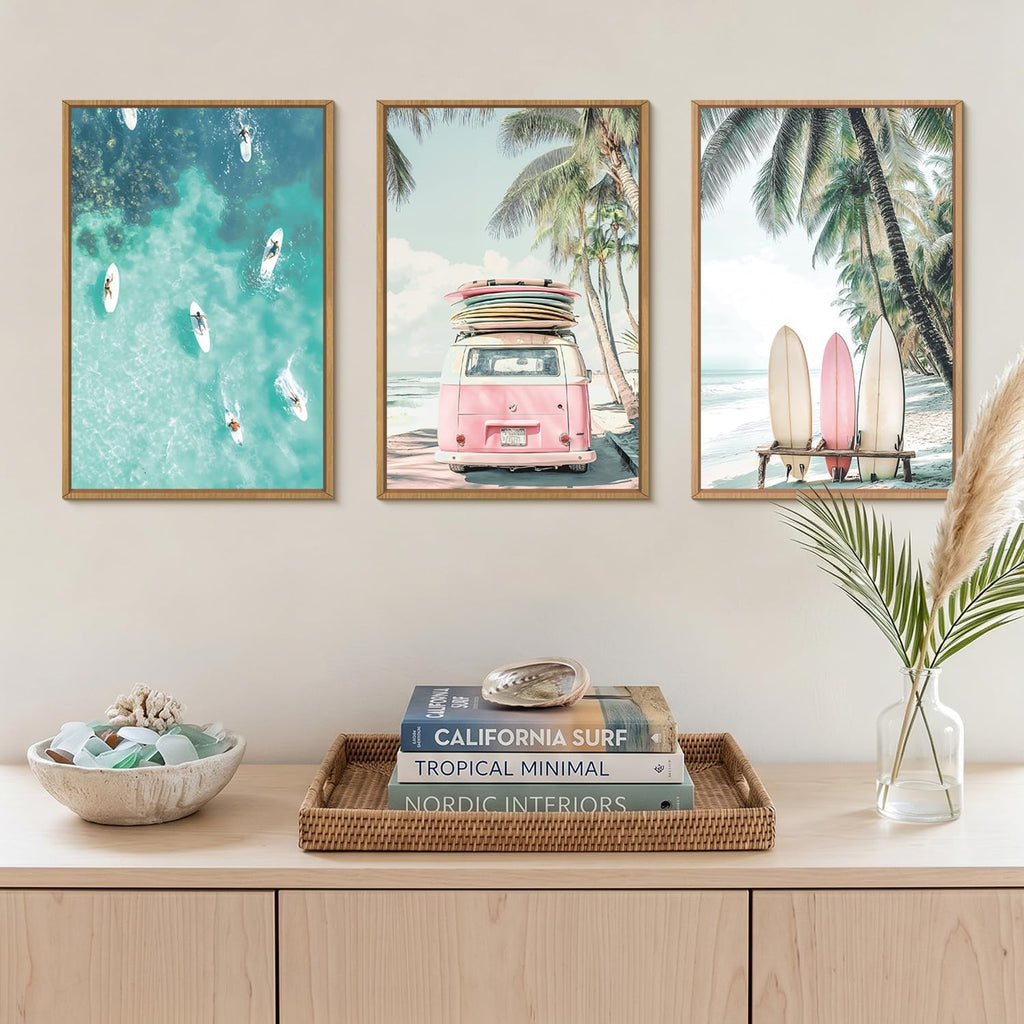 Summer Surfboard Beach Framed Canvas Wall Art Set,Modern Ocean Surfing Seascape Wall Decor,Coastal Bus Coconut Tree