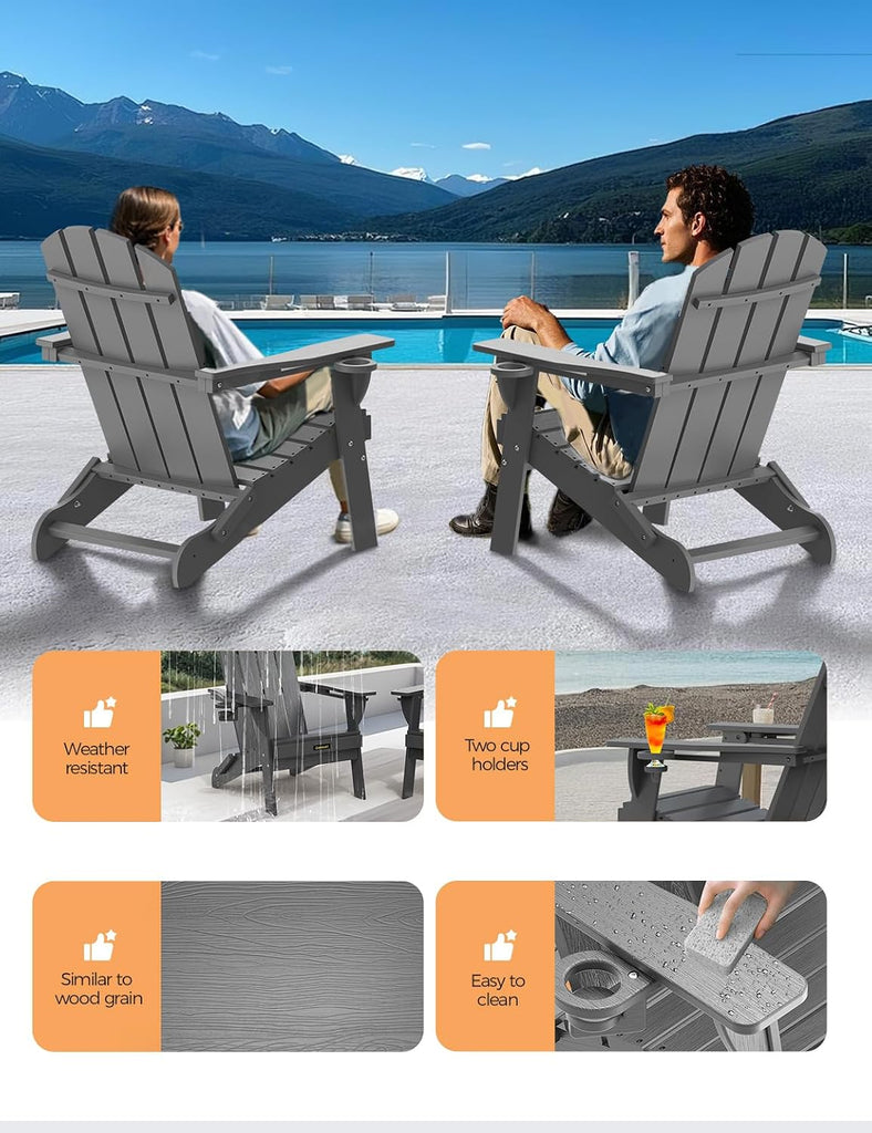 Folding Adirondack Chair Set of 2, Wooden Textured Plastic Adirondack Chairs with 2 Cup Holder, Weather Resistant