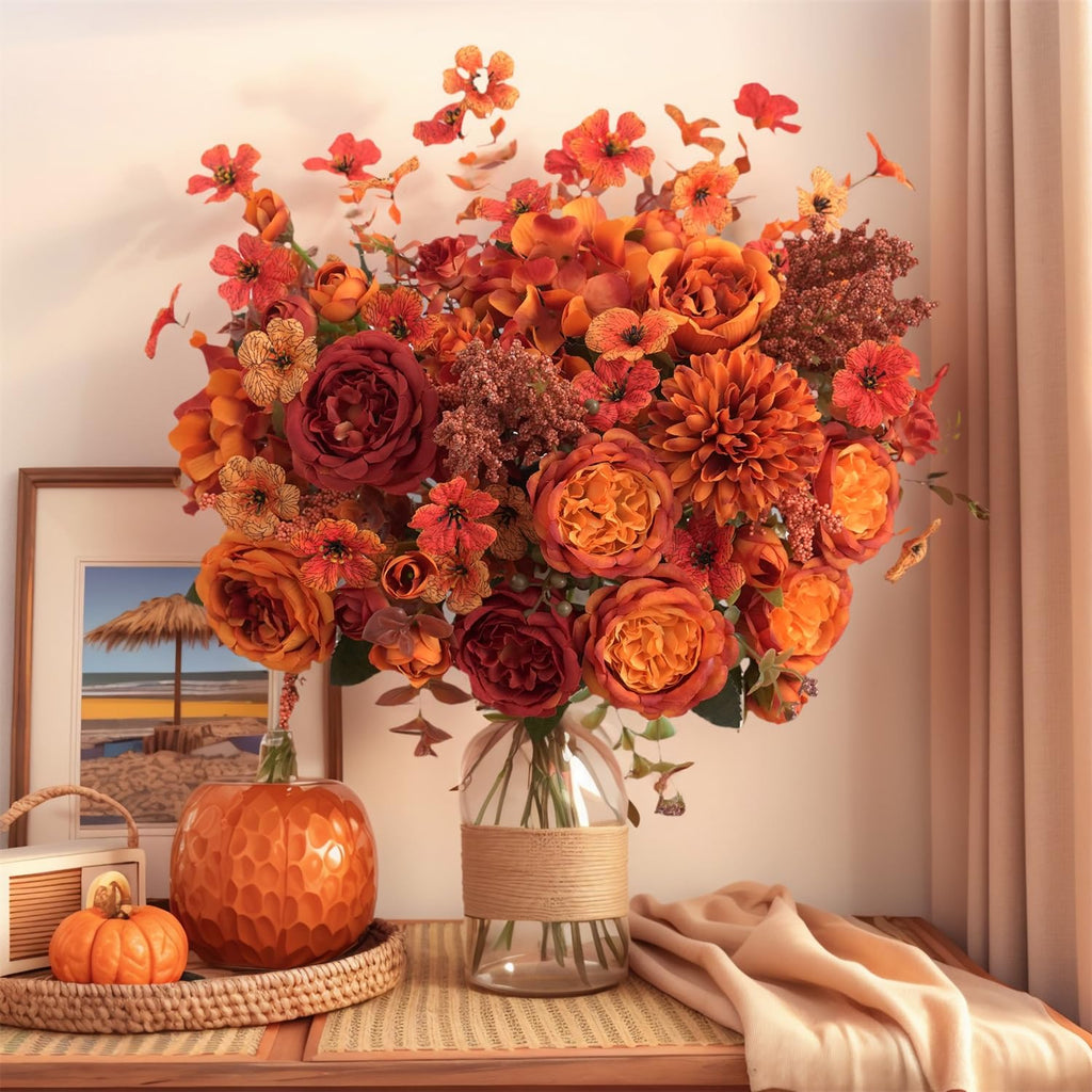 Mixed 8pcs Fall Artificial Peony Hydrangea Bouquet, Burnt Orange Red Silk Faux Flower, Autumn Faux Floral