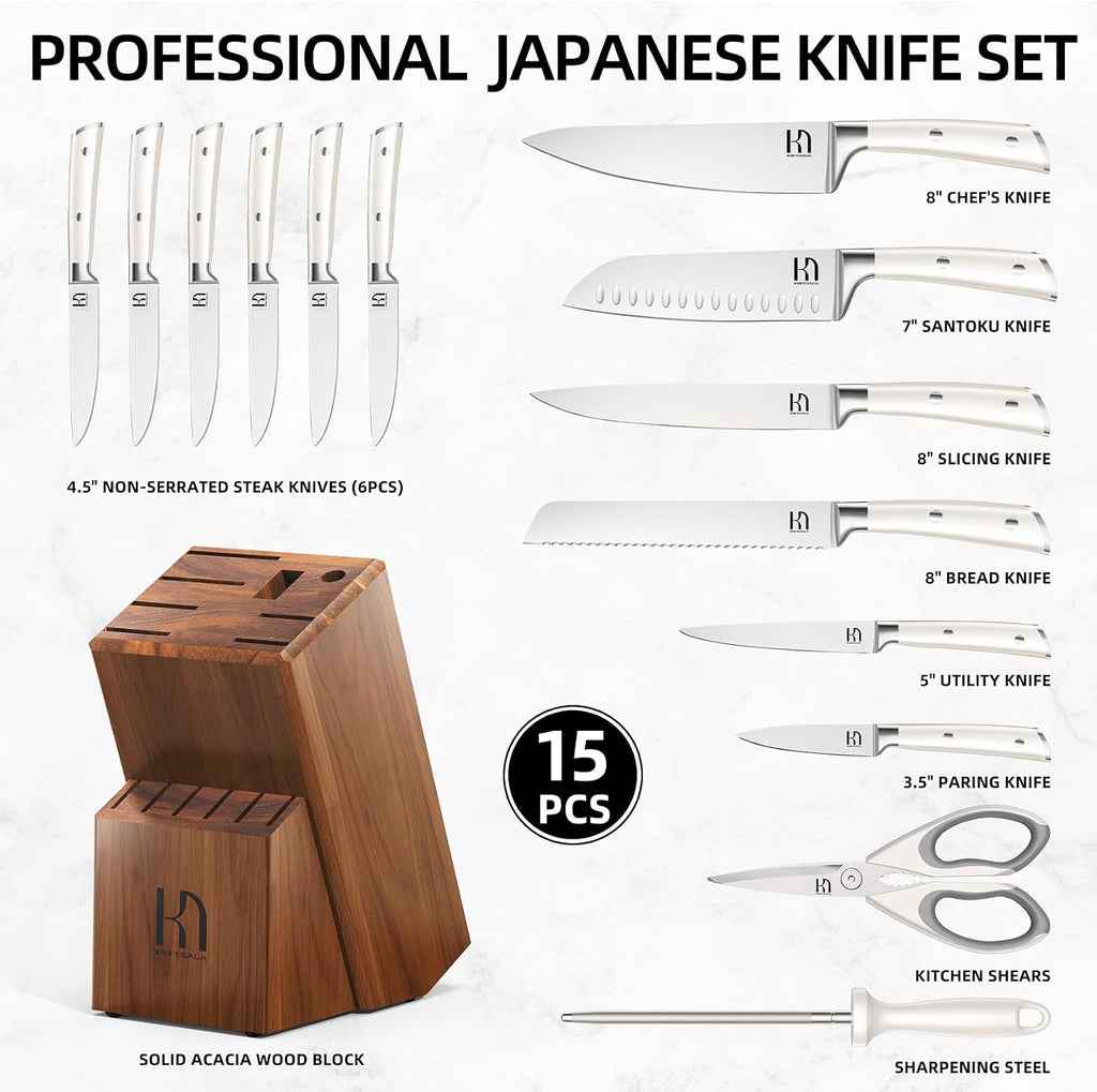 15 Pcs Japanese Knife Set with Sharpener, Premuim, Razor Sharp | Innovative Steel, High Carbon Stainless, Enduring